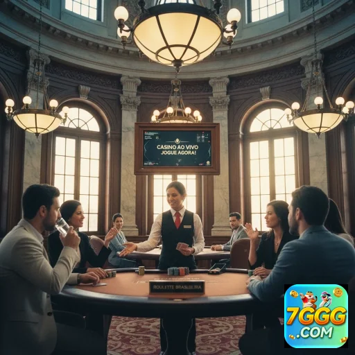 Jogadores em um cassino ao vivo no 7ggg, interagindo com dealer.