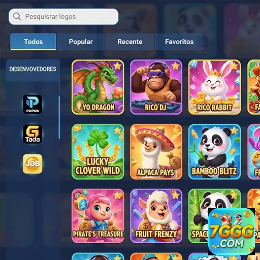 Tela do 7ggg mostrando vários jogos de slots disponíveis.
