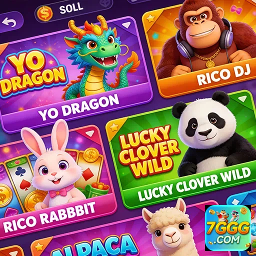Slots coloridos com personagens no 7ggg, incluindo dragões e coelhos.