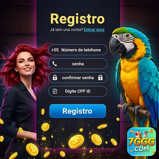 Tela de registro do app 7ggg com campos de cadastro e imagem de pássaro.