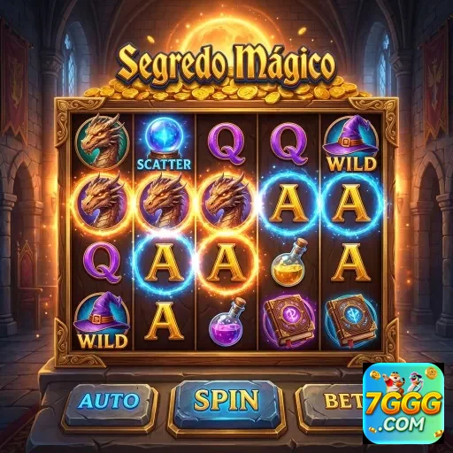 Visual do jogo 'Segredo Mágico' no 7ggg com símbolos de slots.