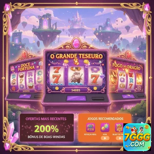 Tela de slots do 7ggg com bônus de 200% e jogos recomendados.