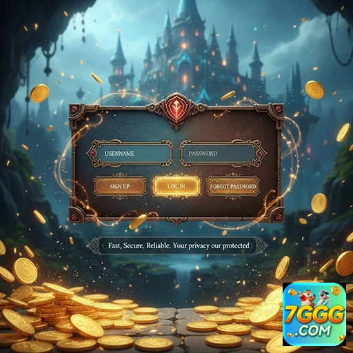 Tela de login do 7ggg com moedas e castelo ao fundo.
